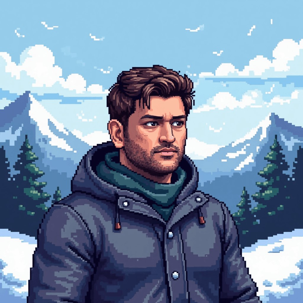 MSD in a grey winter jacket and scarf, standing against snowy mountains and pine trees