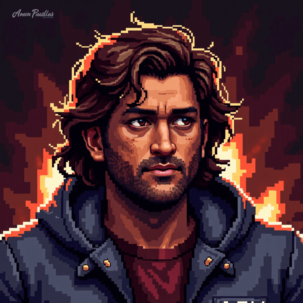 MSD with long hair in a dark jacket, set against a glowing background of fire