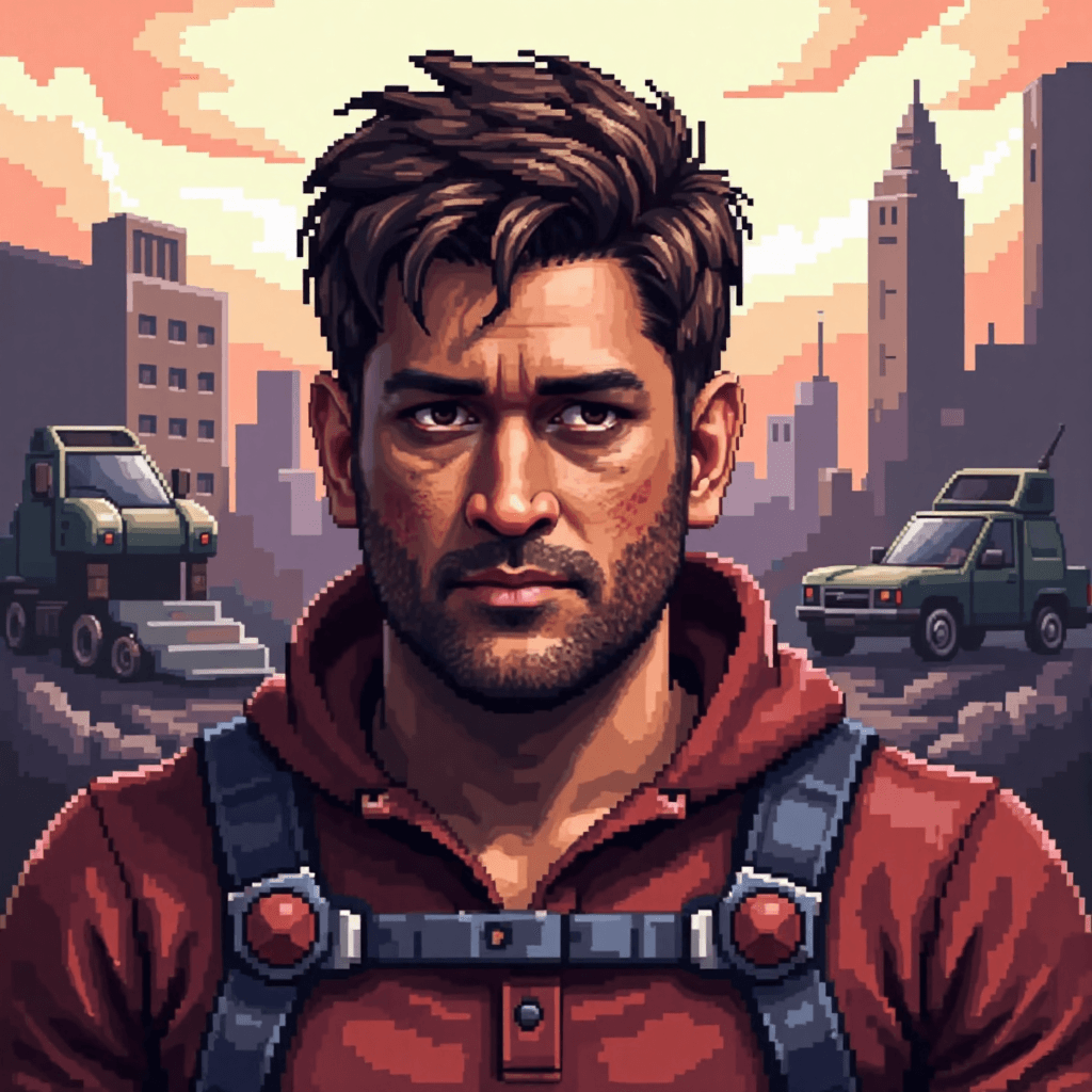 MSD in a red hoodie with straps, standing in front of city ruins and vehicles