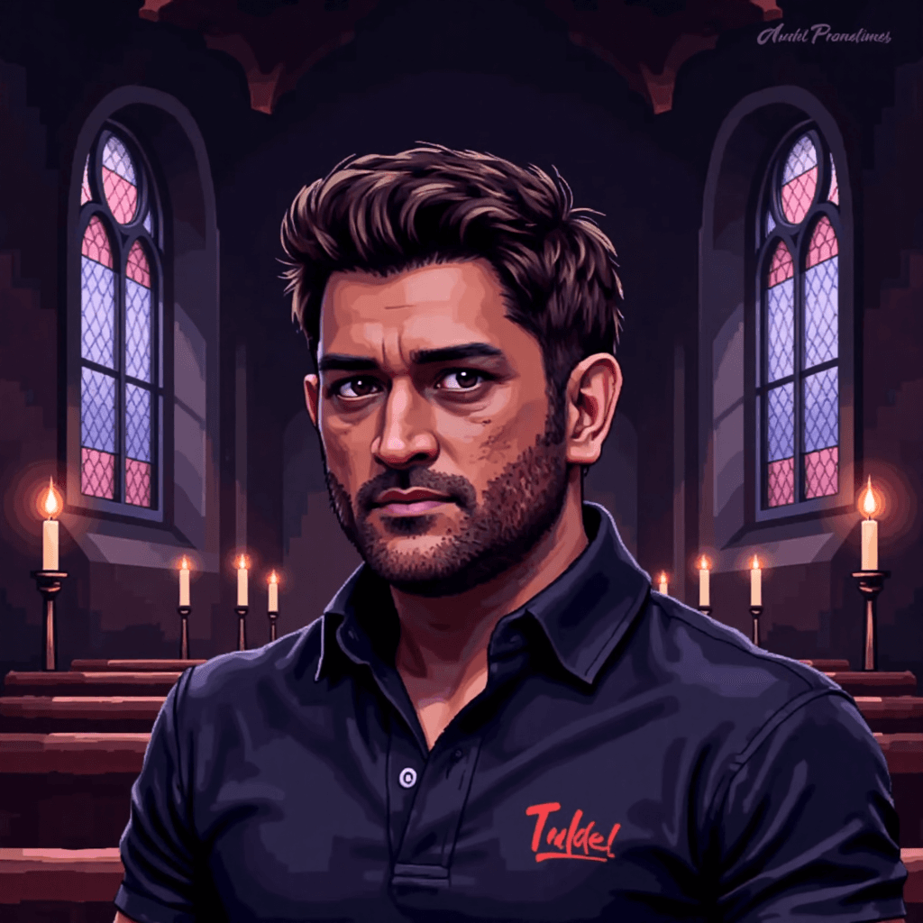 MSD in a black shirt inside a gothic church with glowing candles and stained-glass windows