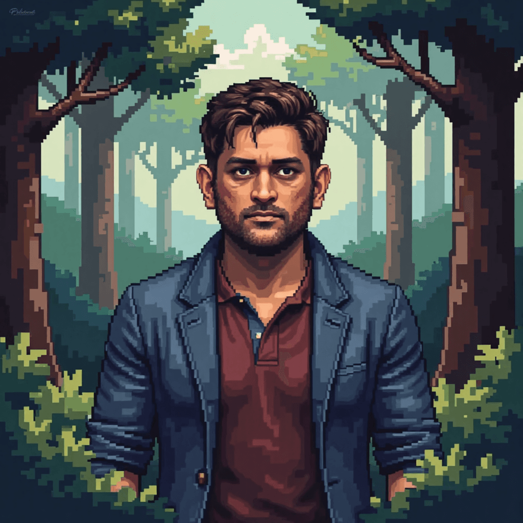 MSD in a blazer and red shirt, surrounded by tall trees in a forest