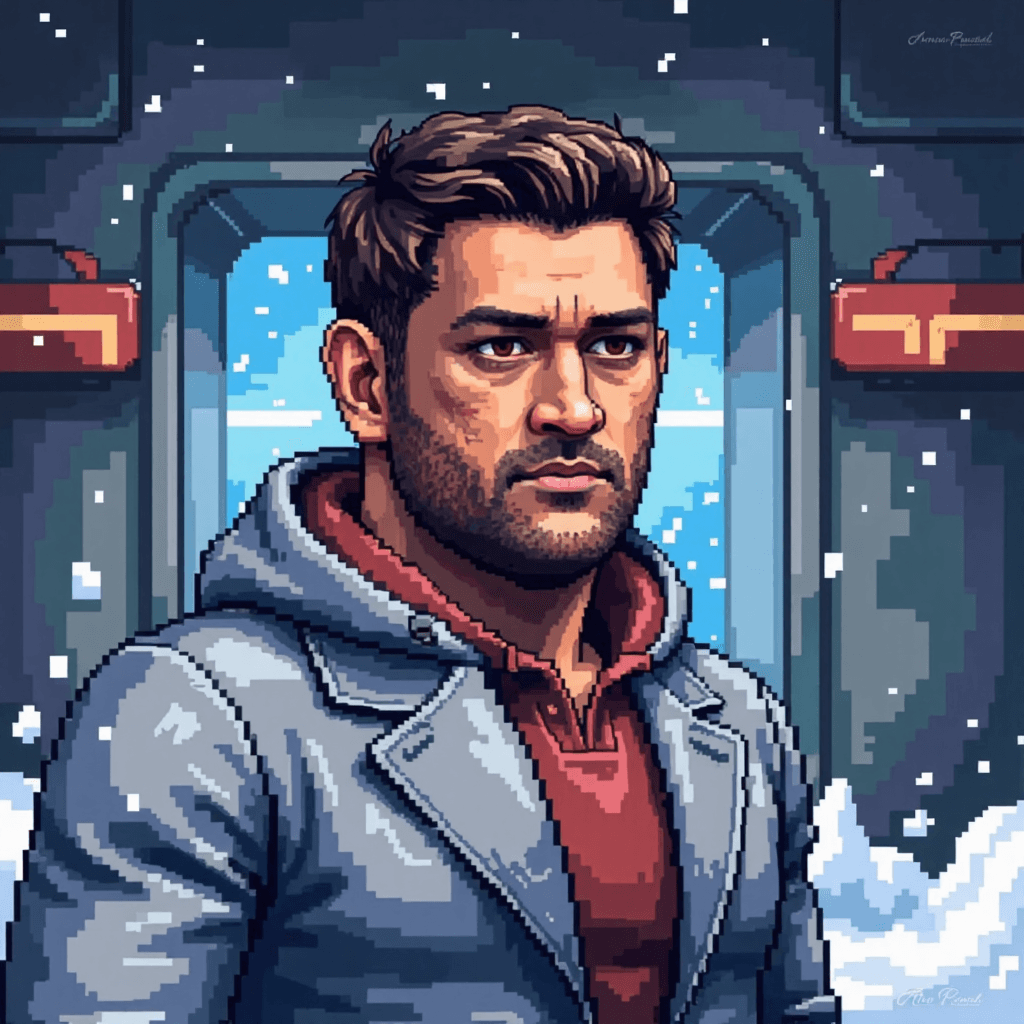 MSD in a grey coat with a red hoodie inside a snowy, futuristic outpost